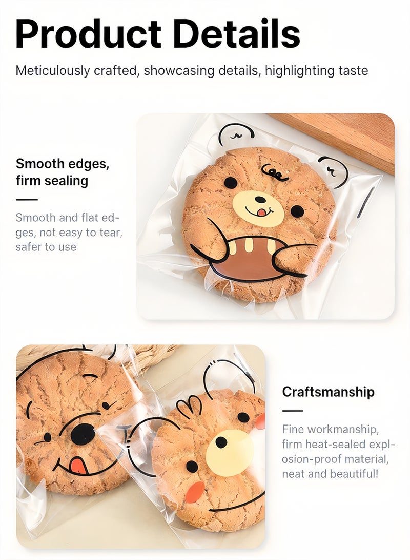 كوكنا أكياس تغليف، ذاتية اللصق برسومات دب لطيف، أكياس طعام شفافة لعيد مبارك ووجبات المدرسة، لتغليف الحلويات والبسكويت والهدايا، 100 قطعة، متوفر بمقاسين (10×13 سم / 18×21 سم) - Image 5